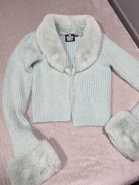 The Ragged Priest Women's Mint Faux-Fur Collar & Cuff Ribbed Sweater